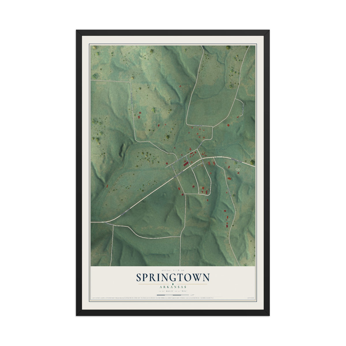 Map of Springtown, Arkansas, 12 x 18 inch print in a black wood frame