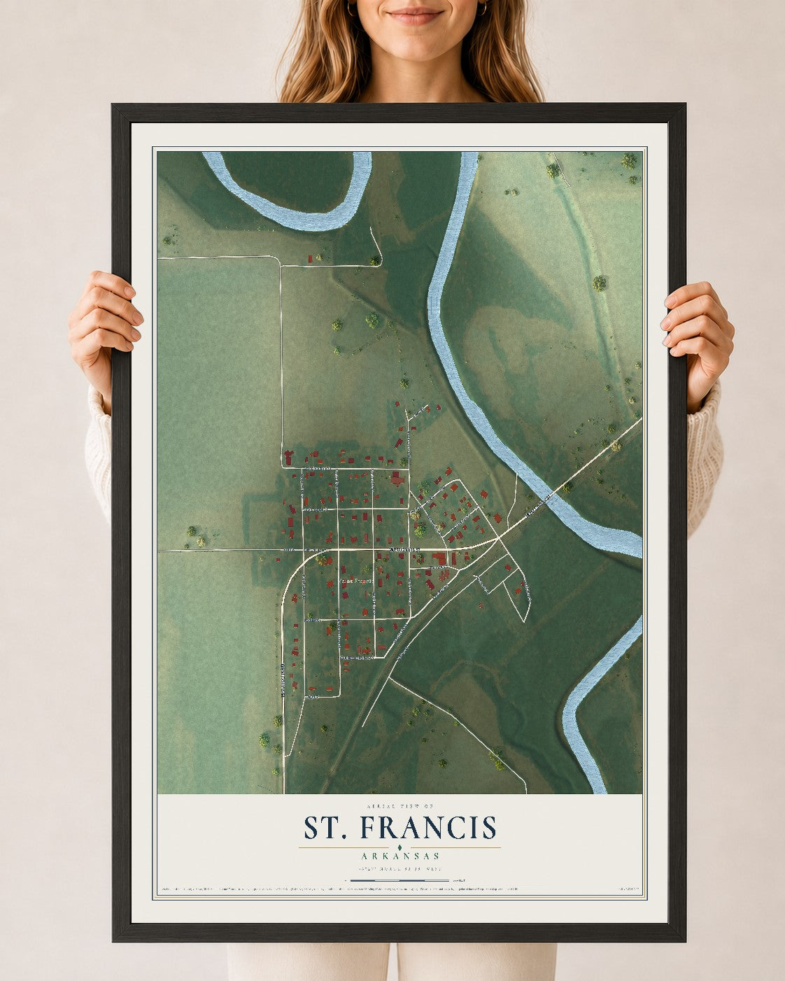 Map of St. Francis, Arkansas, 24 x 36 inch print in a black wood frame