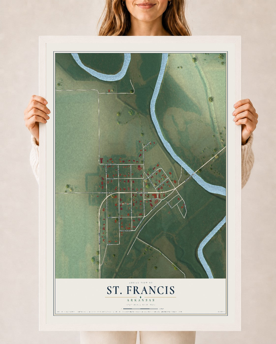 Map of St. Francis, Arkansas, 24 x 36 inch print in a white wood frame