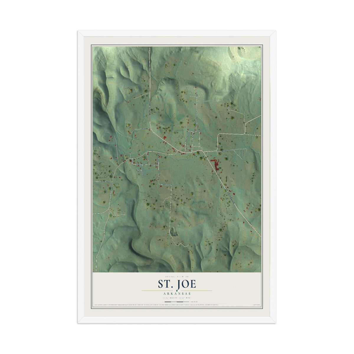 Map of St. Joe, Arkansas, 12 x 18 inch print in a white wood frame