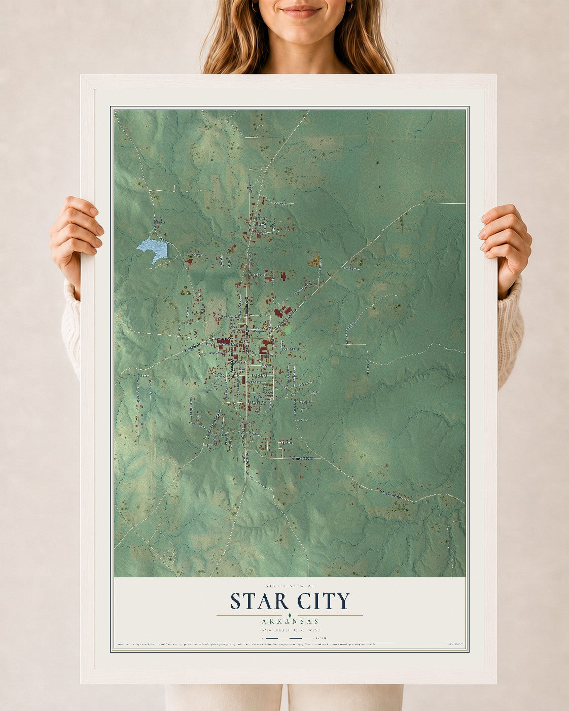 Map of Star City, Arkansas, 24 x 36 inch print in a white wood frame