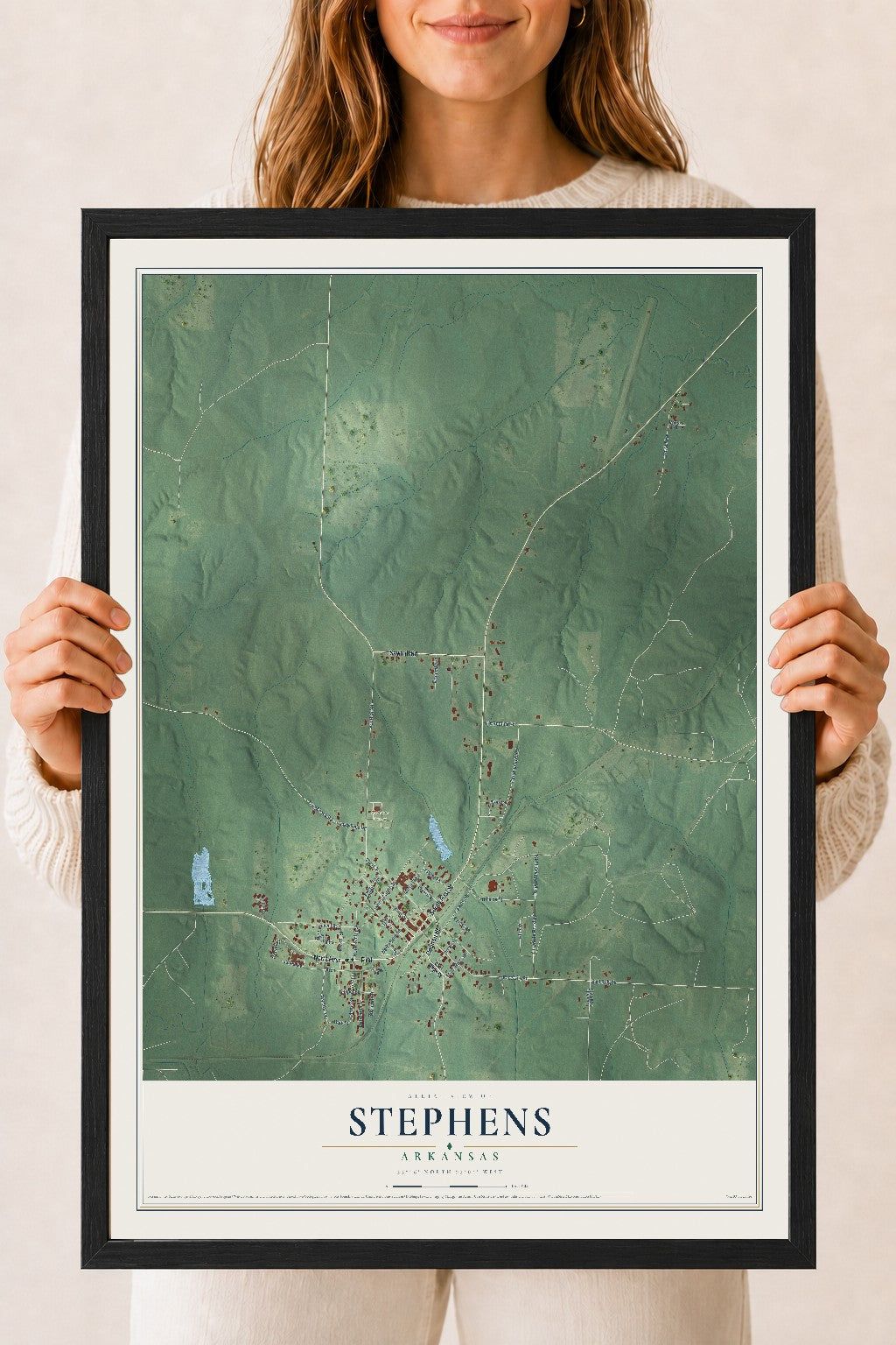 Map of Stephens, Arkansas, 18 x 24 inch print in a black wood frame