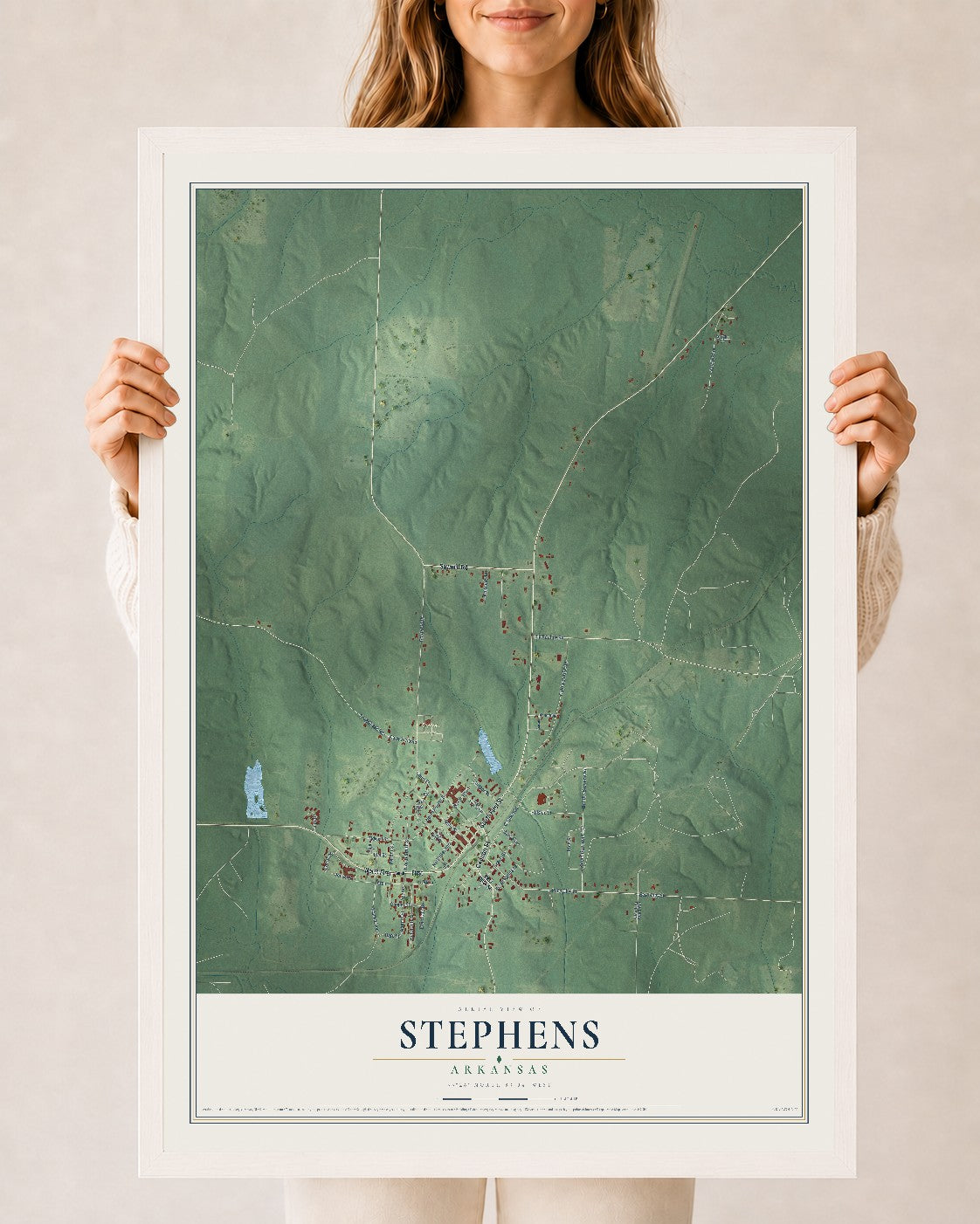 Map of Stephens, Arkansas, 24 x 36 inch print in a white wood frame