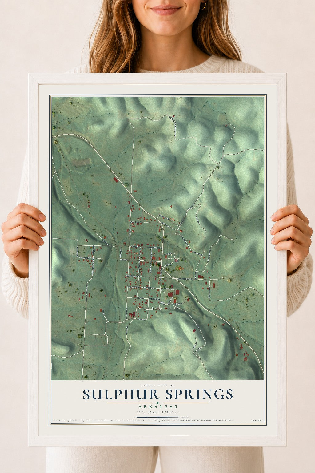 Map of Sulphur Springs, Arkansas, 18 x 24 inch print in a white wood frame