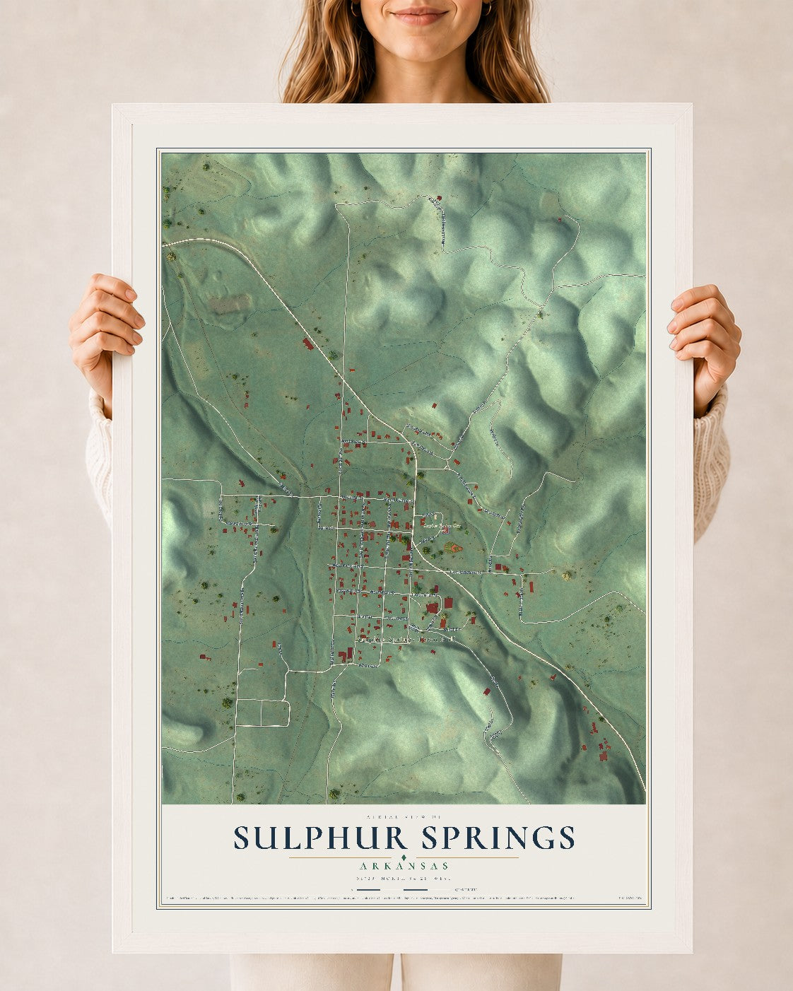 Map of Sulphur Springs, Arkansas, 24 x 36 inch print in a white wood frame