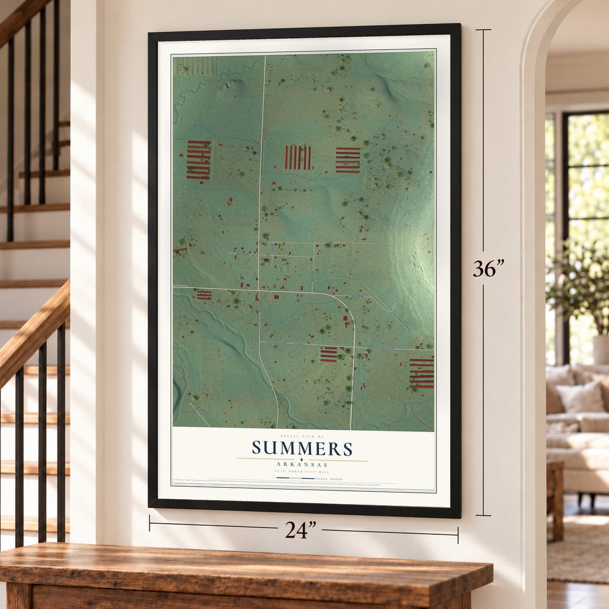 Summers, Arkansas map, 24 x 36 inch print in a black frame by a staircase