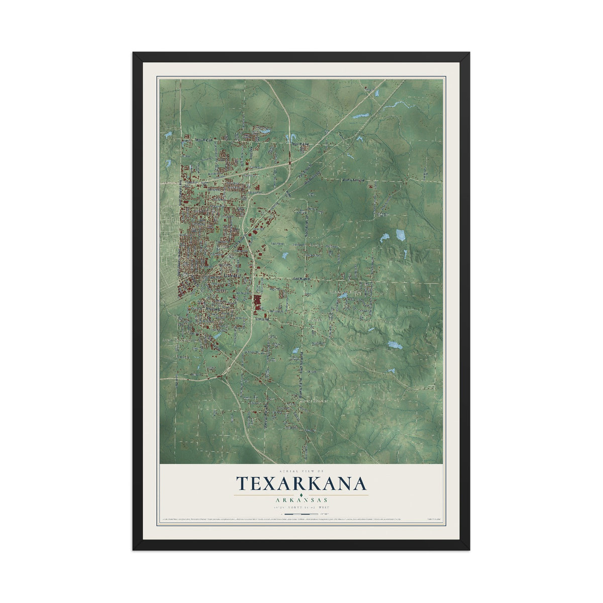 Map of Texarkana, Arkansas, 12 x 18 inch print in a black wood frame