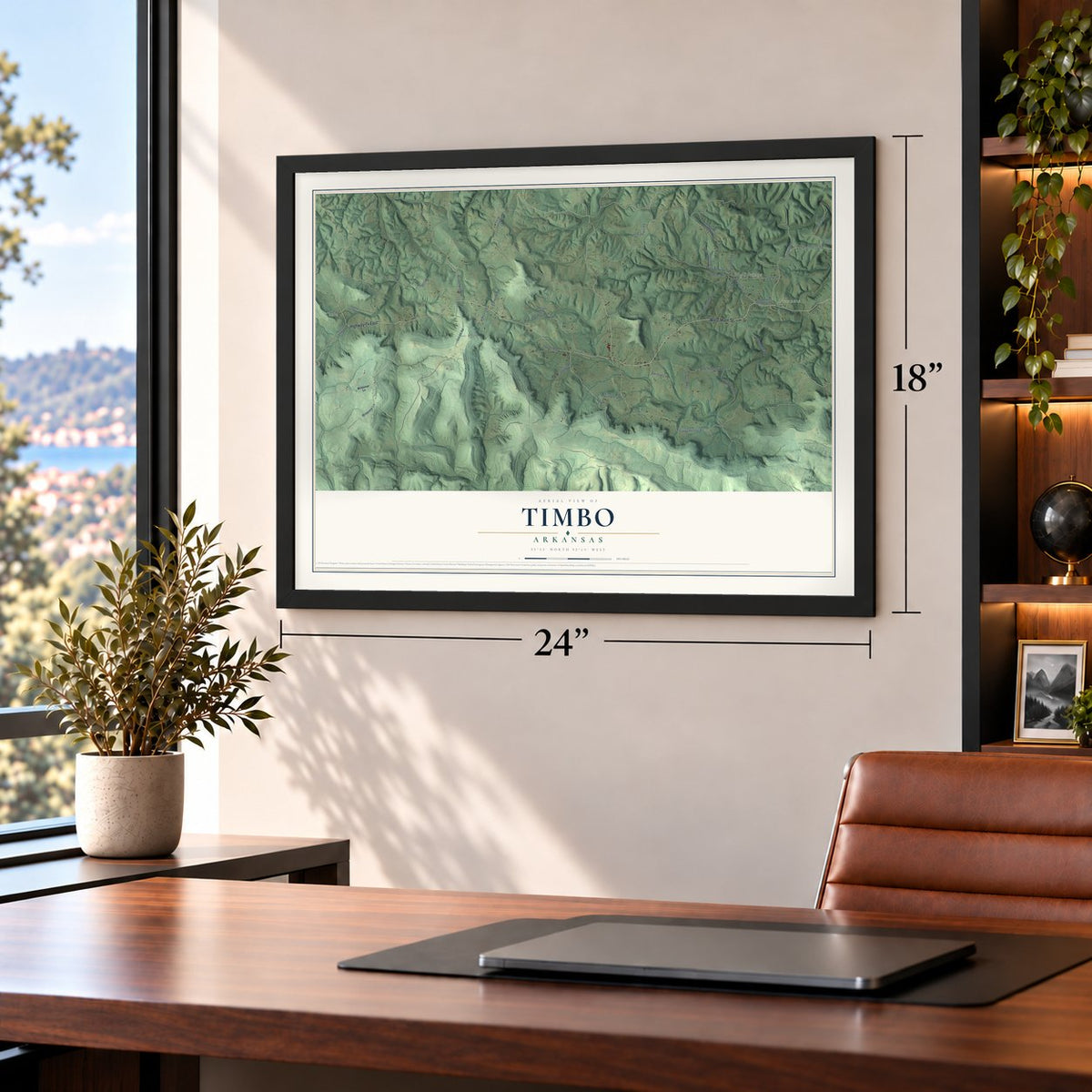 Timbo, Arkansas map, 18 x 24 inch print in a black frame in a home office