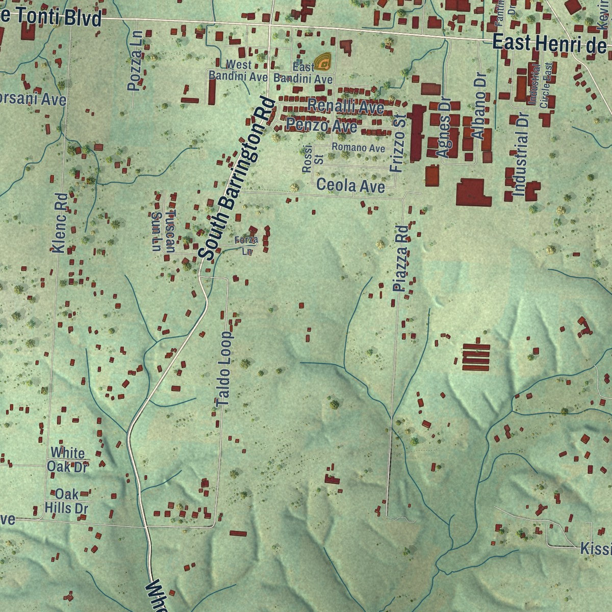 Close-up of the map of Tontitown, Arkansas print showing street and building detail
