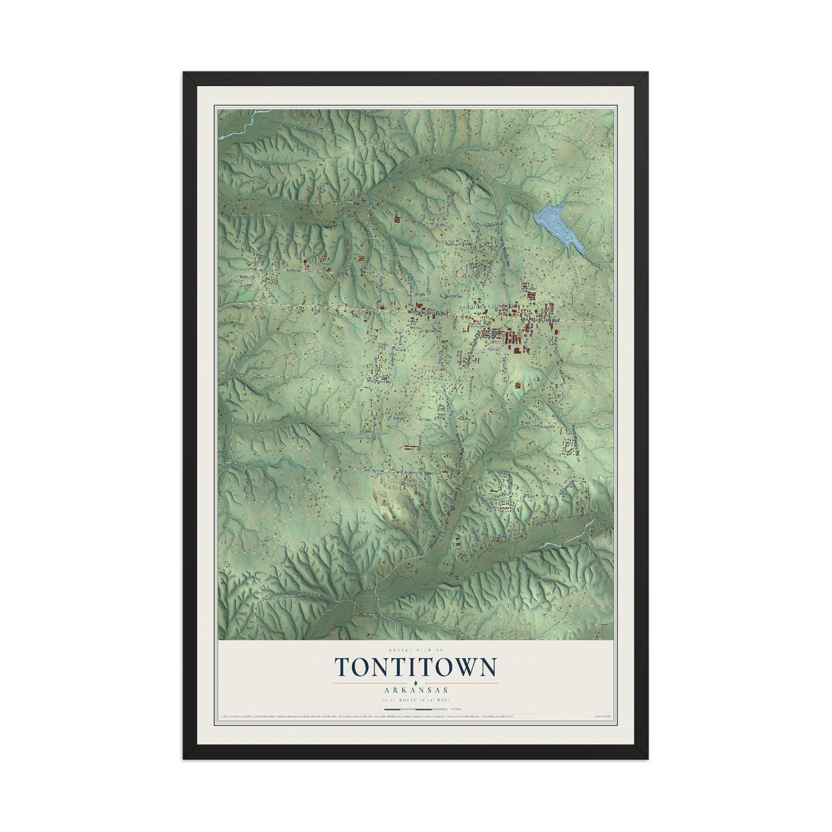Map of Tontitown, Arkansas, 12 x 18 inch print in a black wood frame