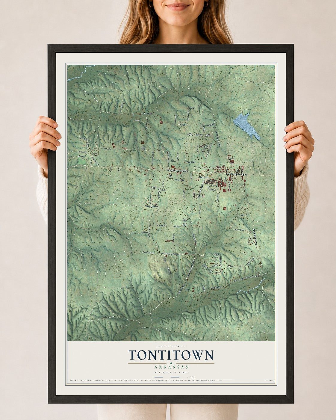 Map of Tontitown, Arkansas, 24 x 36 inch print in a black wood frame