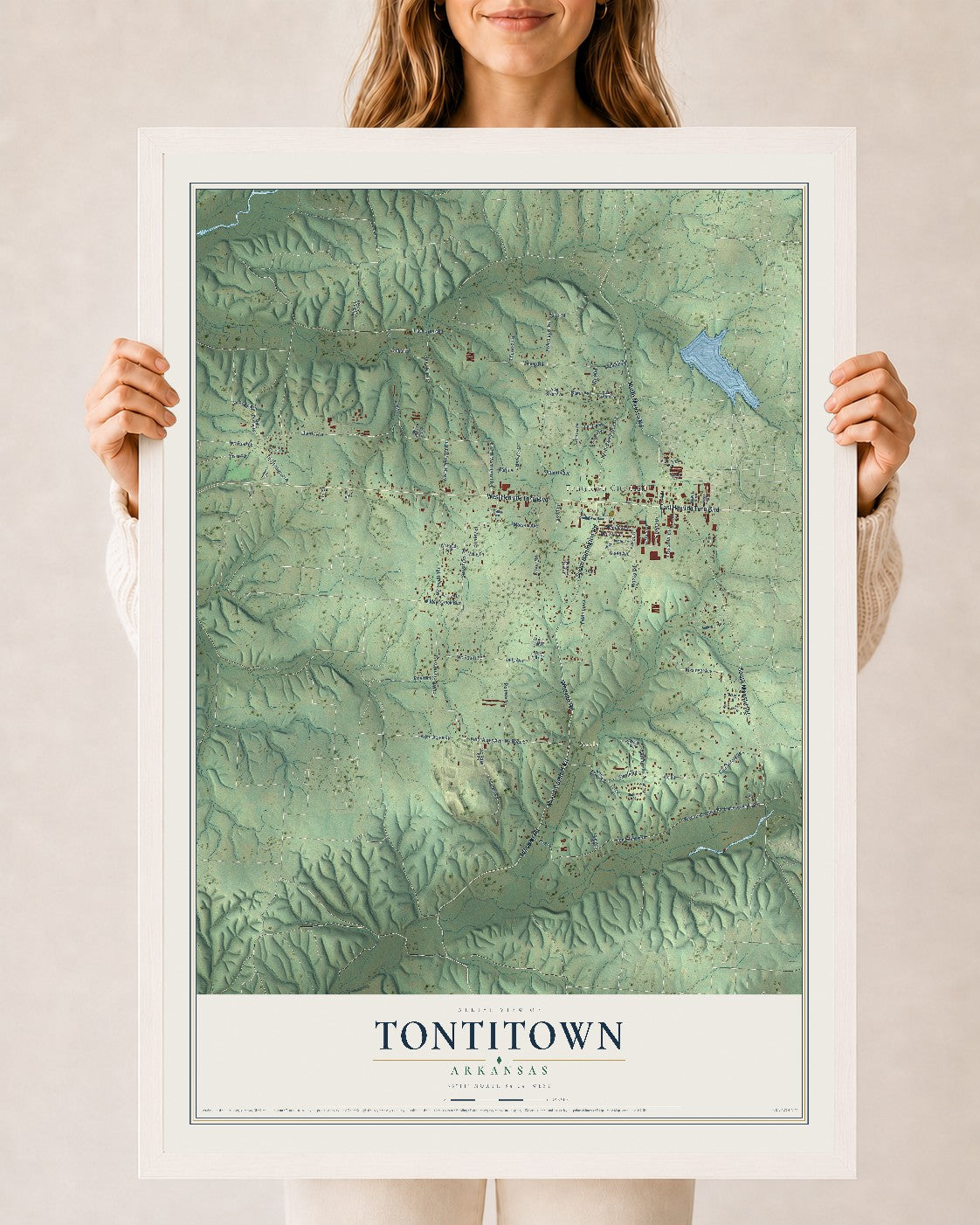 Map of Tontitown, Arkansas, 24 x 36 inch print in a white wood frame