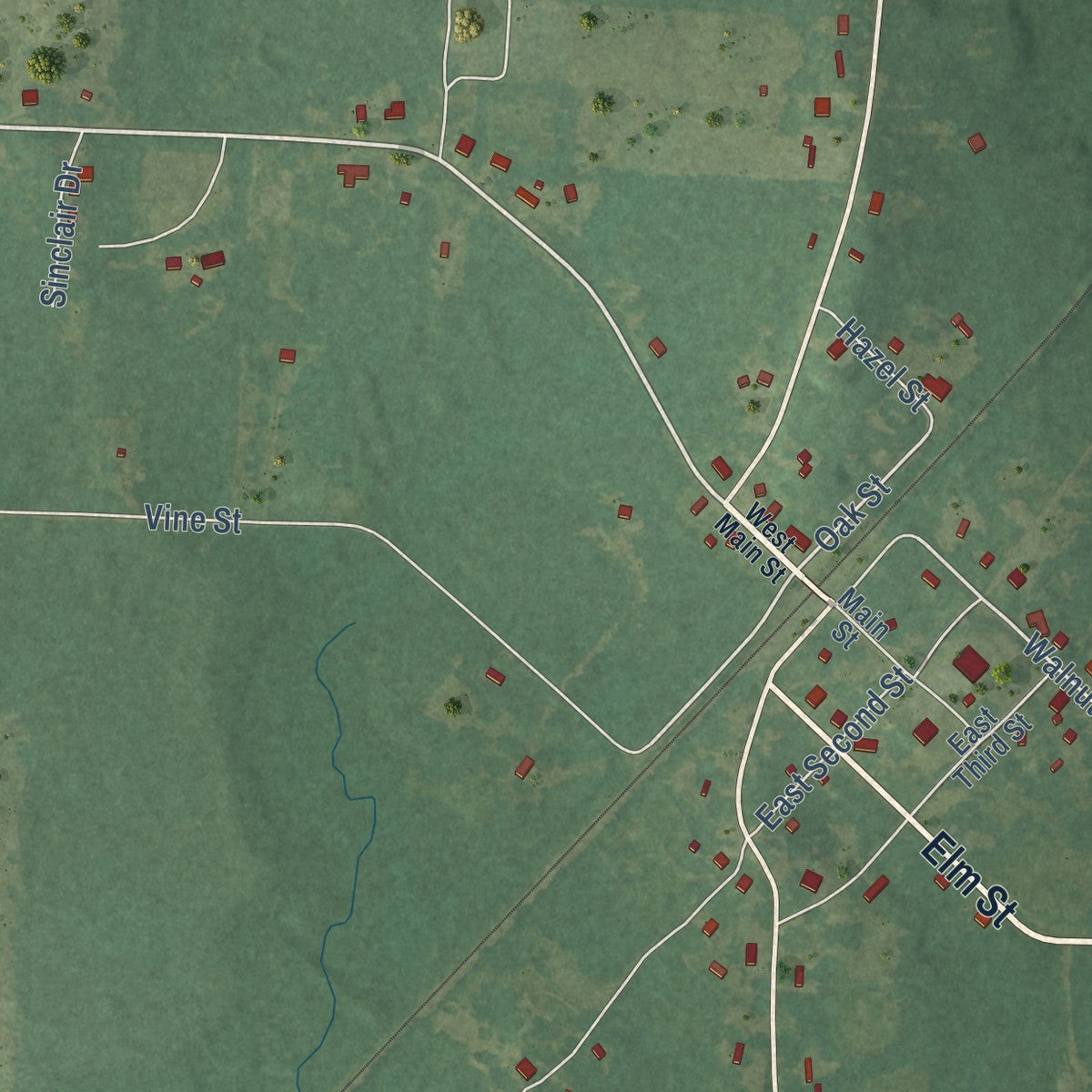 Close-up of the map of Traskwood, Arkansas print showing street and building detail