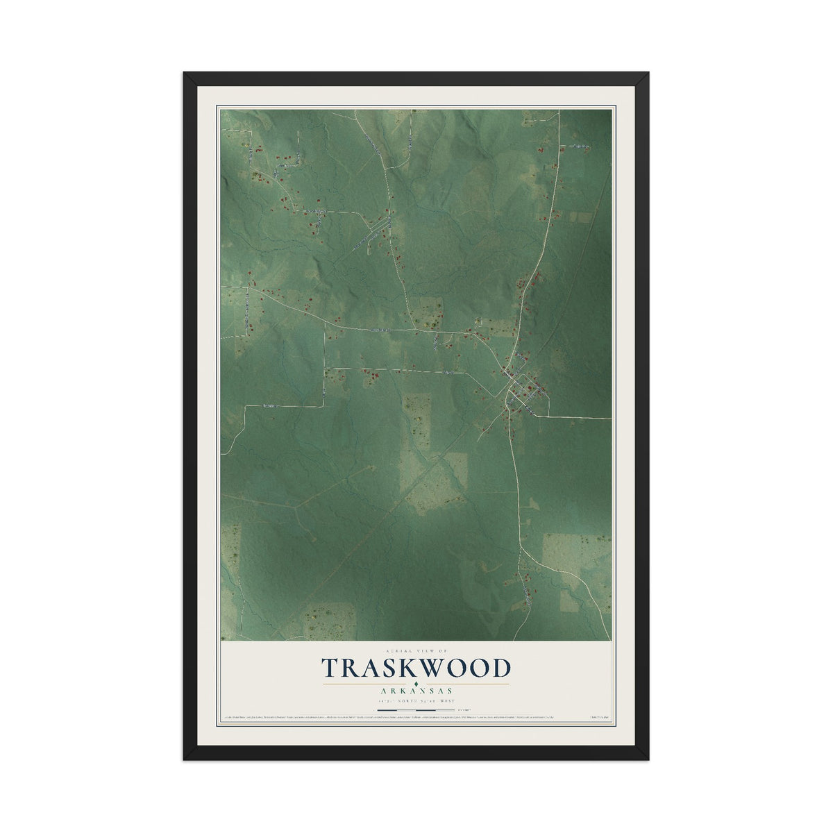 Map of Traskwood, Arkansas, 12 x 18 inch print in a black wood frame