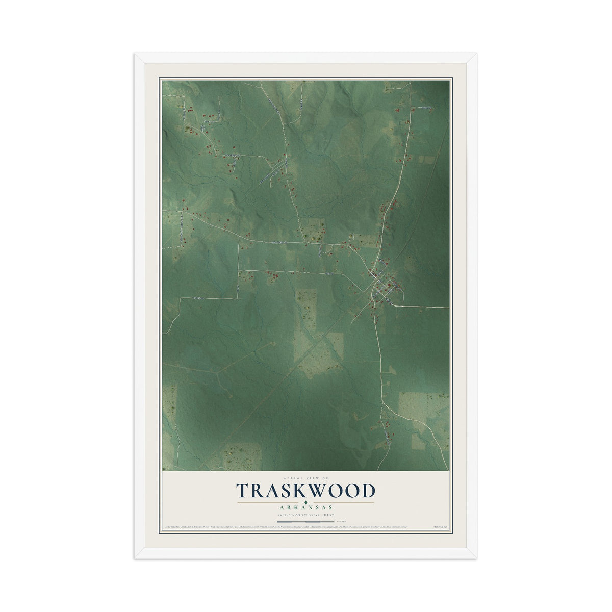 Map of Traskwood, Arkansas, 12 x 18 inch print in a white wood frame