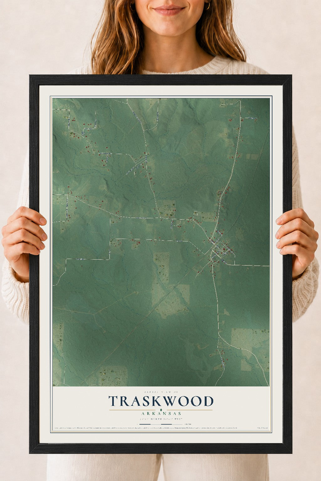 Map of Traskwood, Arkansas, 18 x 24 inch print in a black wood frame
