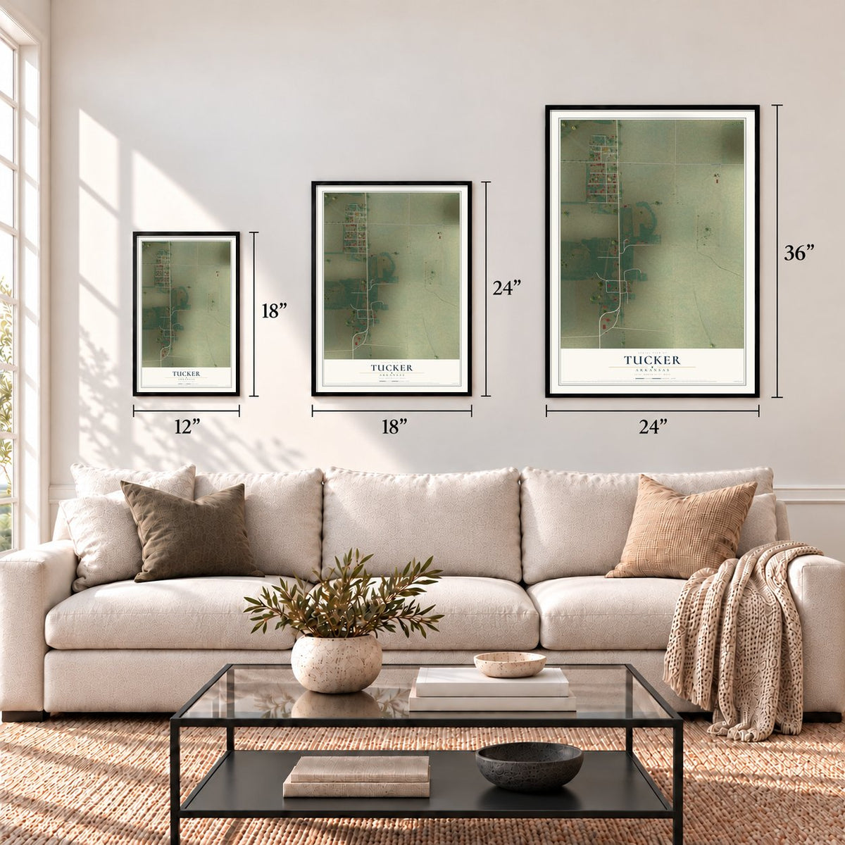Tucker, Arkansas map in 12 x 18, 18 x 24 and 24 x 36 inch sizes above a sofa