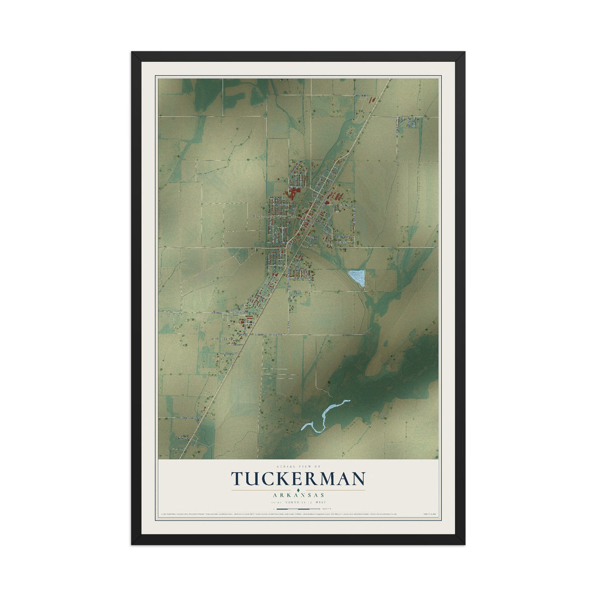 Map of Tuckerman, Arkansas, 12 x 18 inch print in a black wood frame