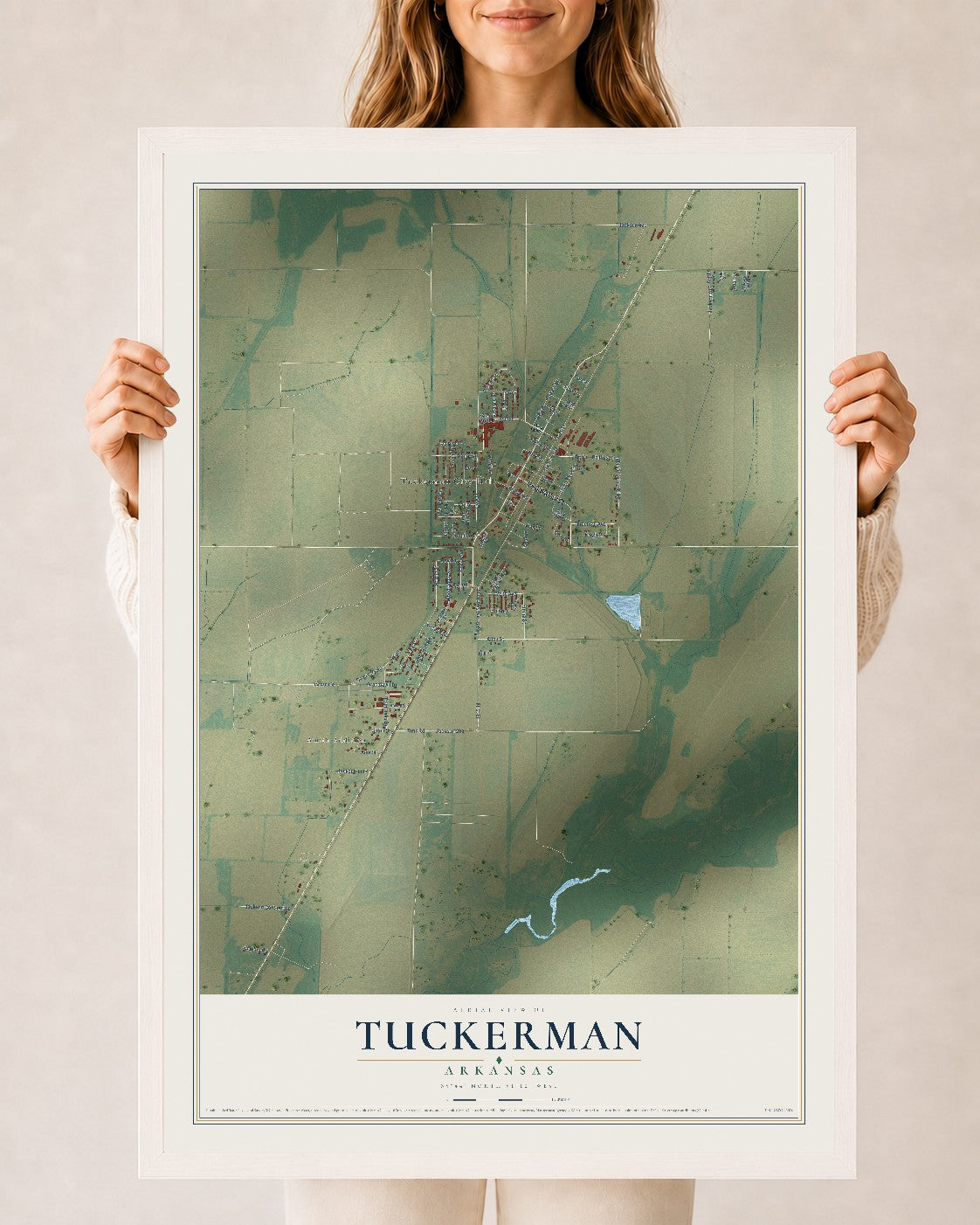 Map of Tuckerman, Arkansas, 24 x 36 inch print in a white wood frame