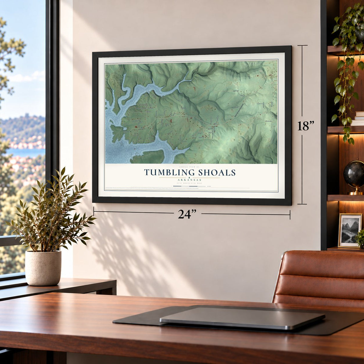 Tumbling Shoals, Arkansas map, 18 x 24 inch print in a black frame in a home office
