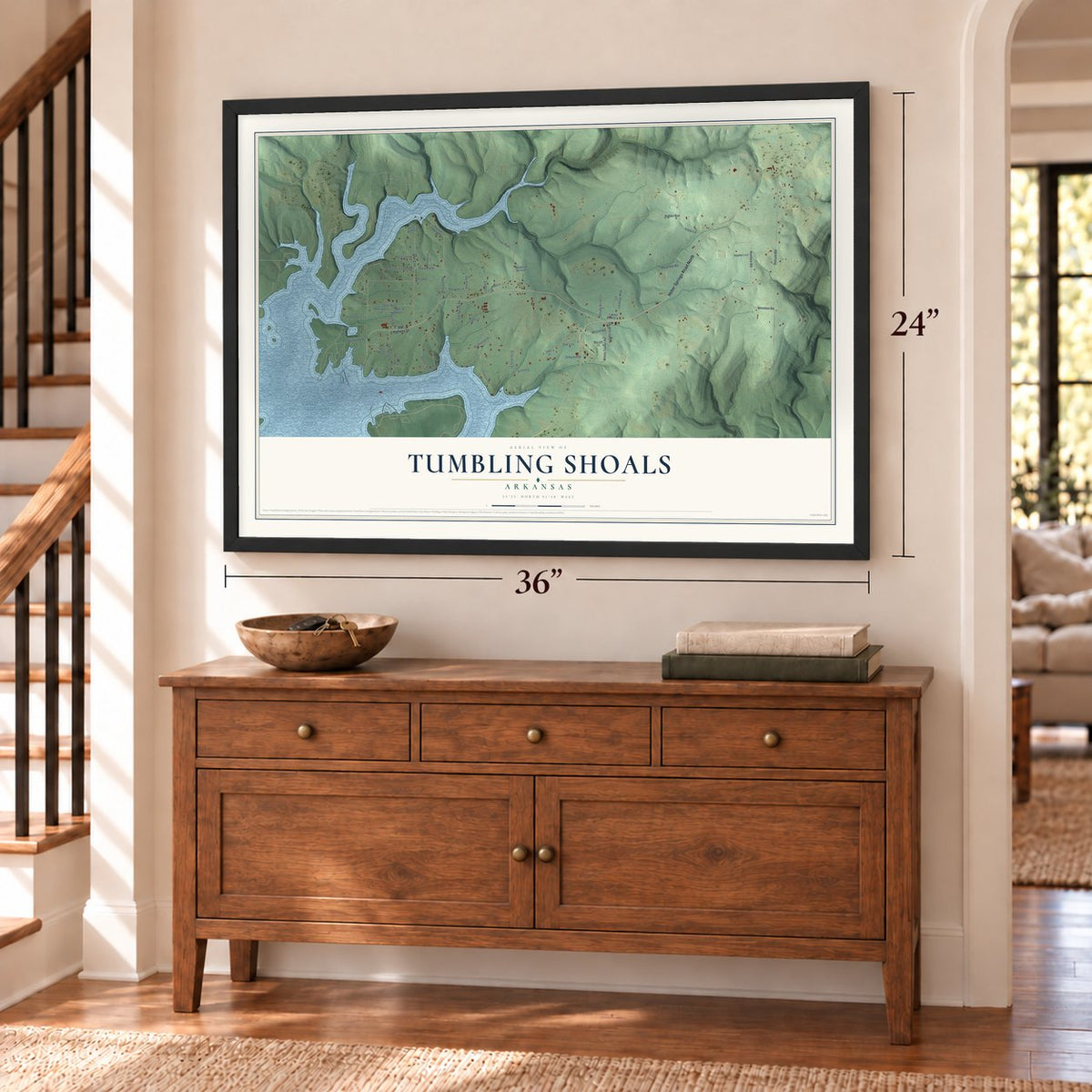 Tumbling Shoals, Arkansas map, 24 x 36 inch print in a black frame above a dresser by a staircase
