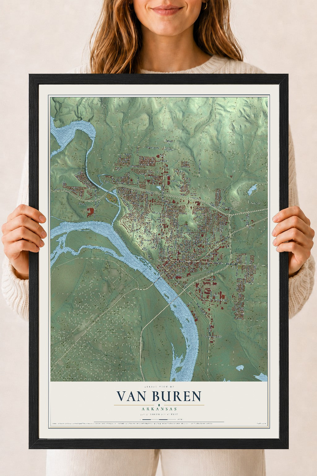 Map of Van Buren, Arkansas, 18 x 24 inch print in a black wood frame