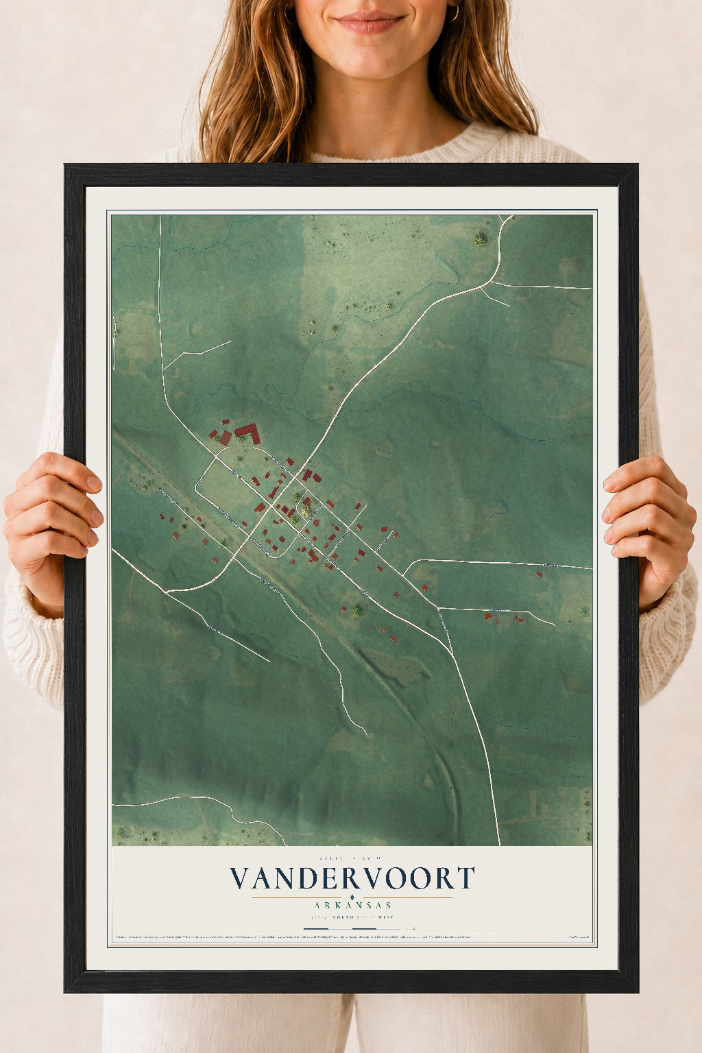 Map of Vandervoort, Arkansas, 18 x 24 inch print in a black wood frame