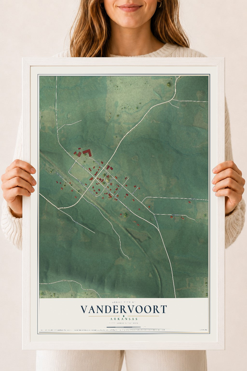 Map of Vandervoort, Arkansas, 18 x 24 inch print in a white wood frame