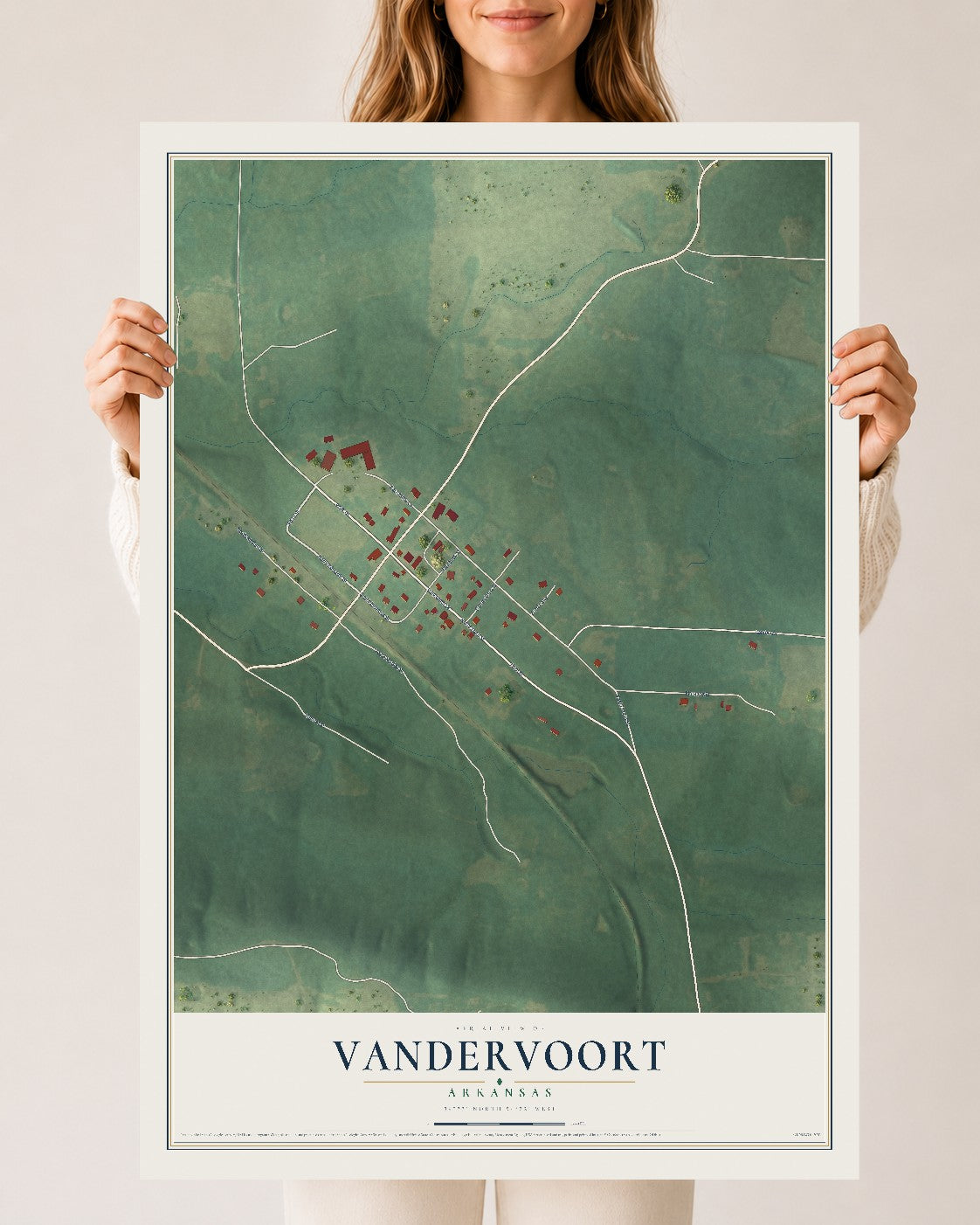 Map of Vandervoort, Arkansas, 24 x 36 inch unframed archival matte print