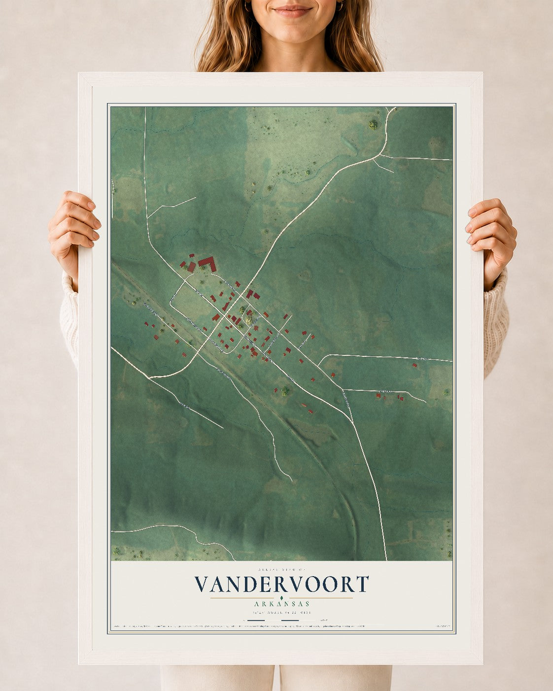 Map of Vandervoort, Arkansas, 24 x 36 inch print in a white wood frame