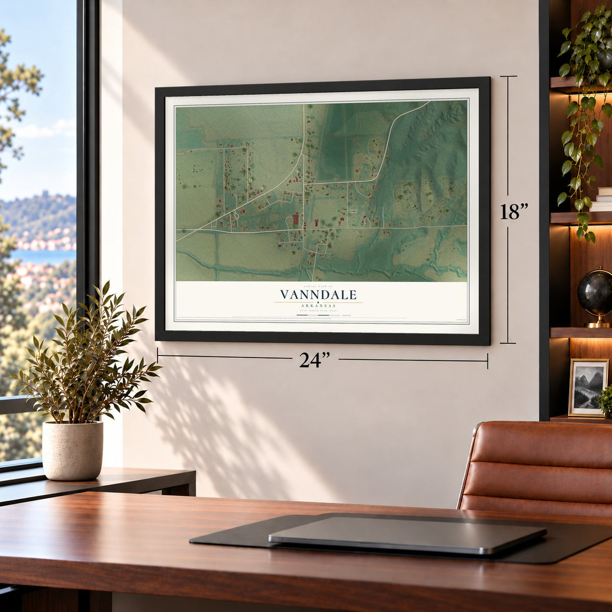Vanndale, Arkansas map, 18 x 24 inch print in a black frame in a home office