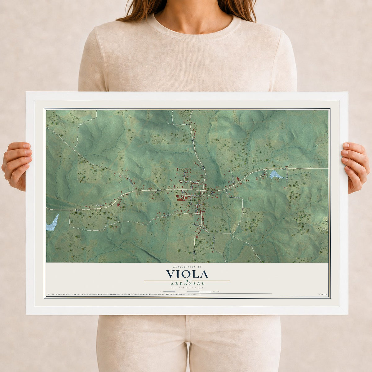 Map of Viola, Arkansas, 12 x 18 inch print in a white wood frame
