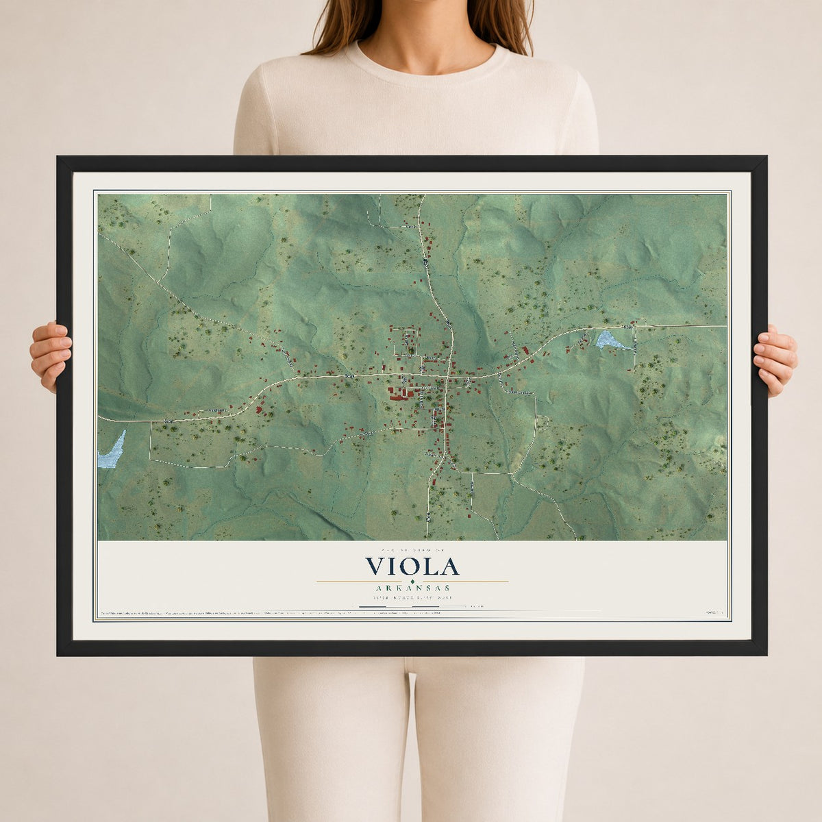 Map of Viola, Arkansas, 24 x 36 inch print in a black wood frame