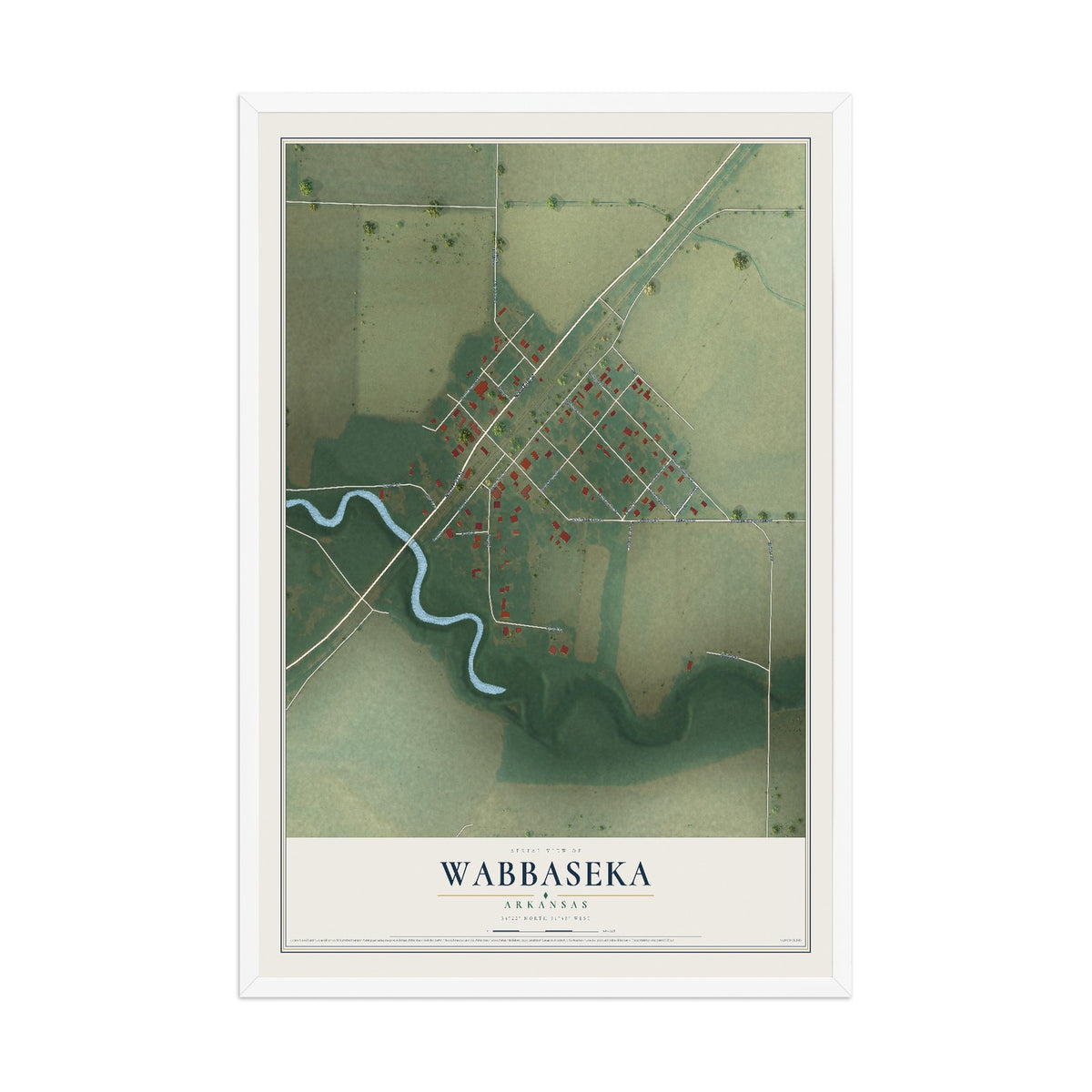Map of Wabbaseka, Arkansas, 12 x 18 inch print in a white wood frame