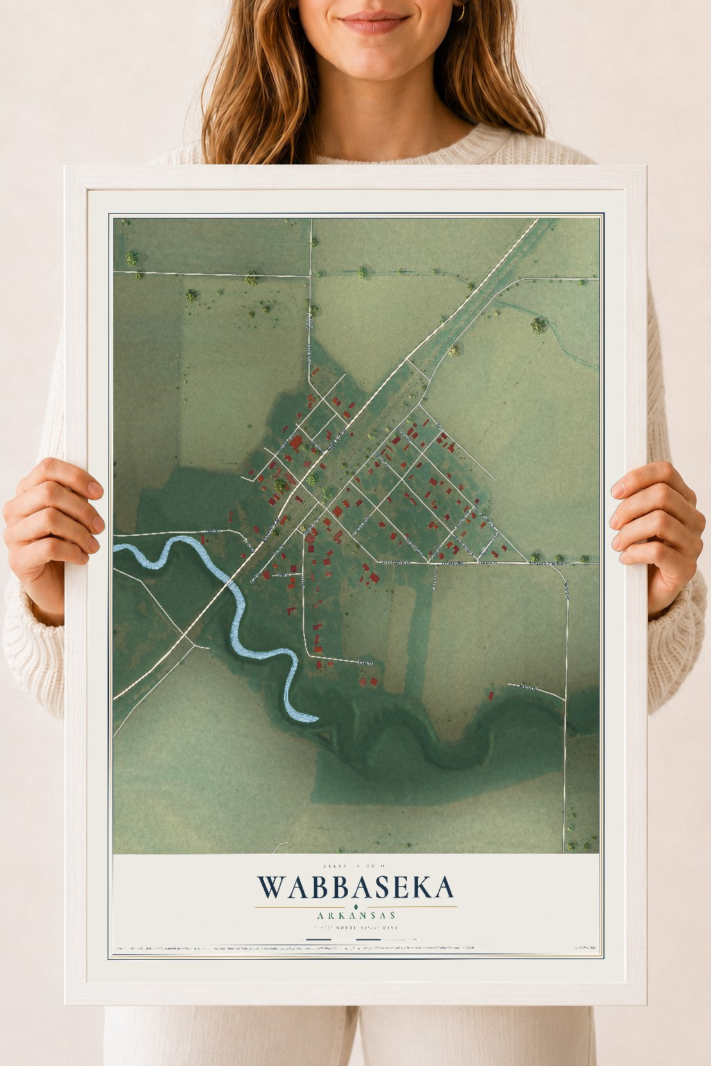 Map of Wabbaseka, Arkansas, 18 x 24 inch print in a white wood frame
