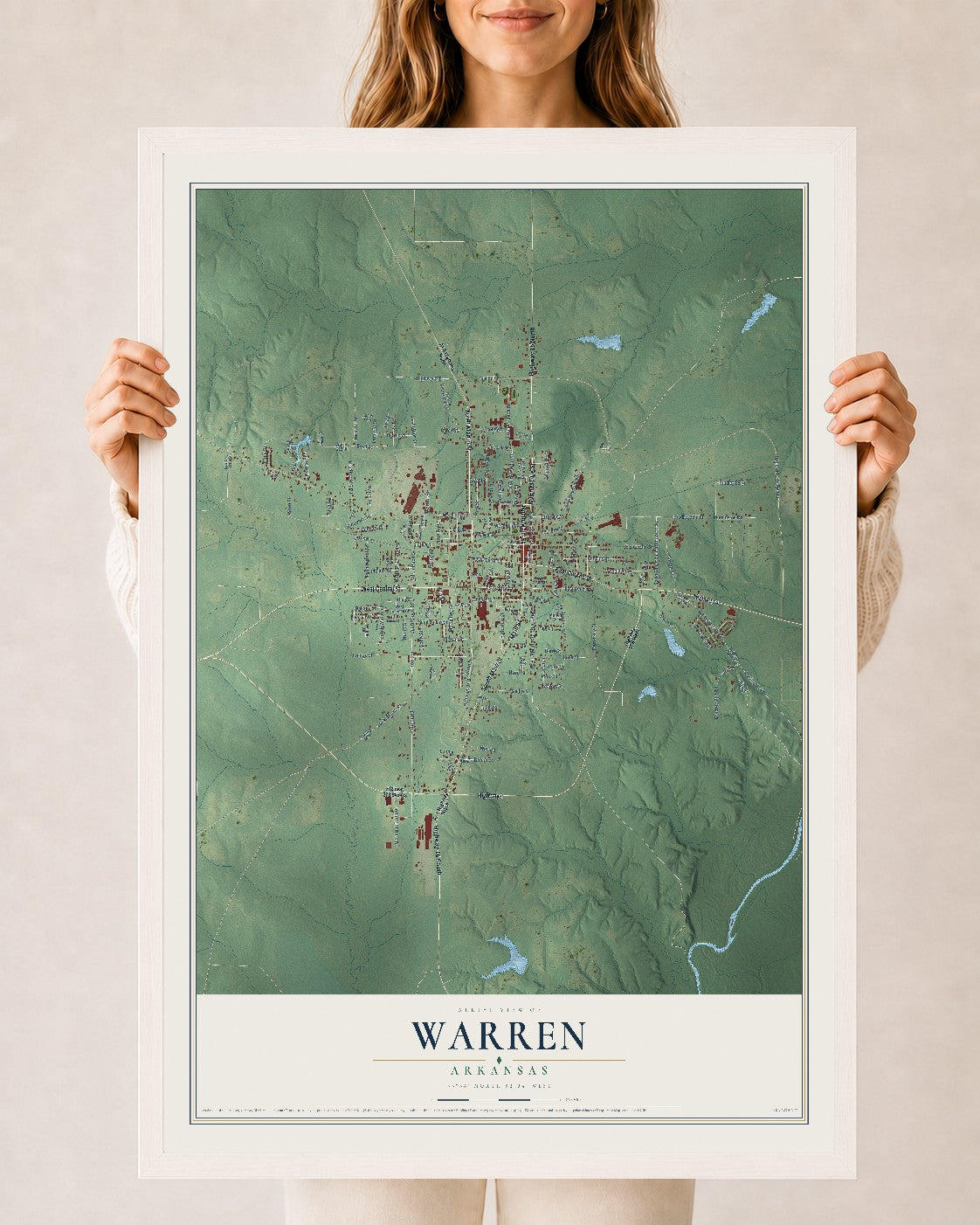 Map of Warren, Arkansas, 24 x 36 inch print in a white wood frame