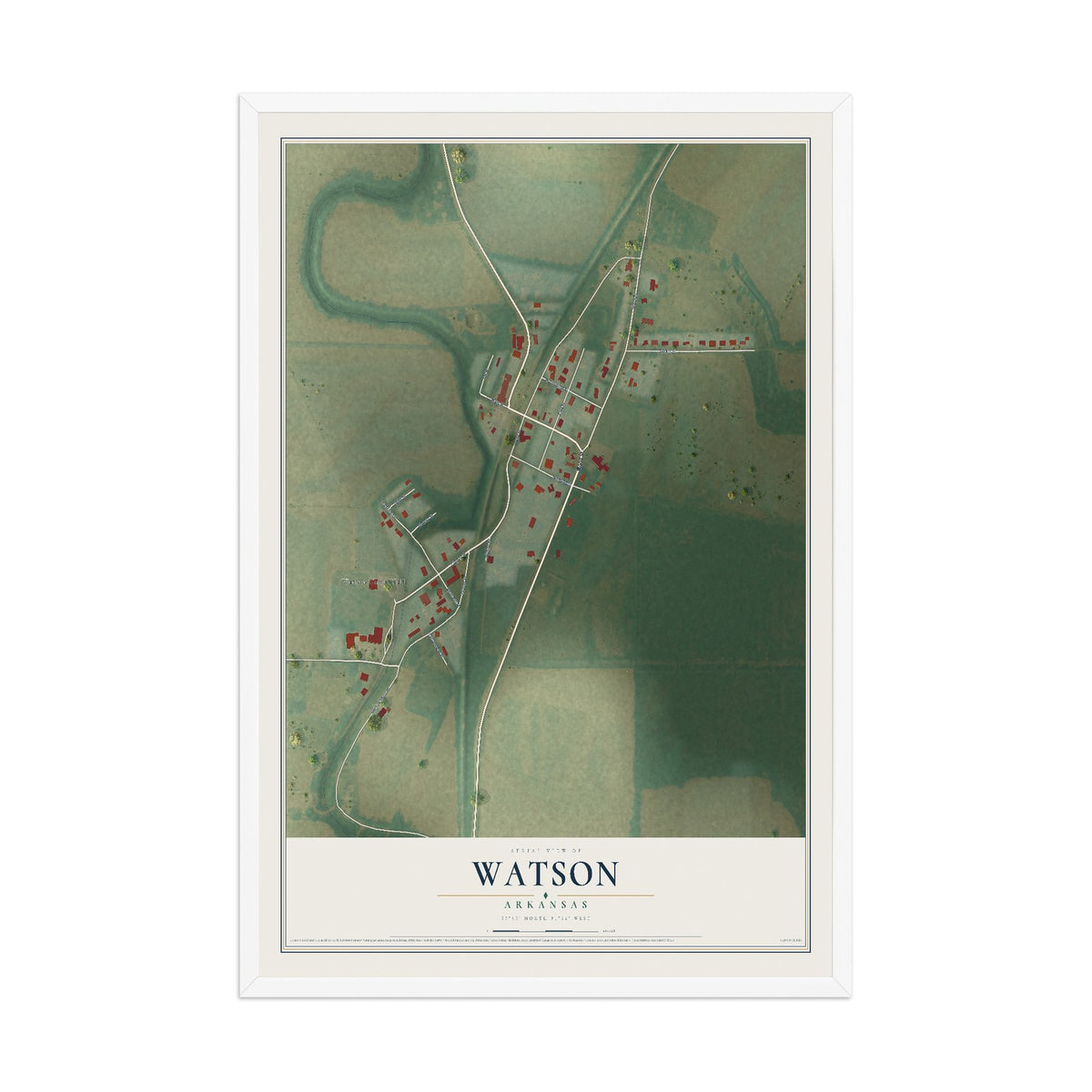 Map of Watson, Arkansas, 12 x 18 inch print in a white wood frame
