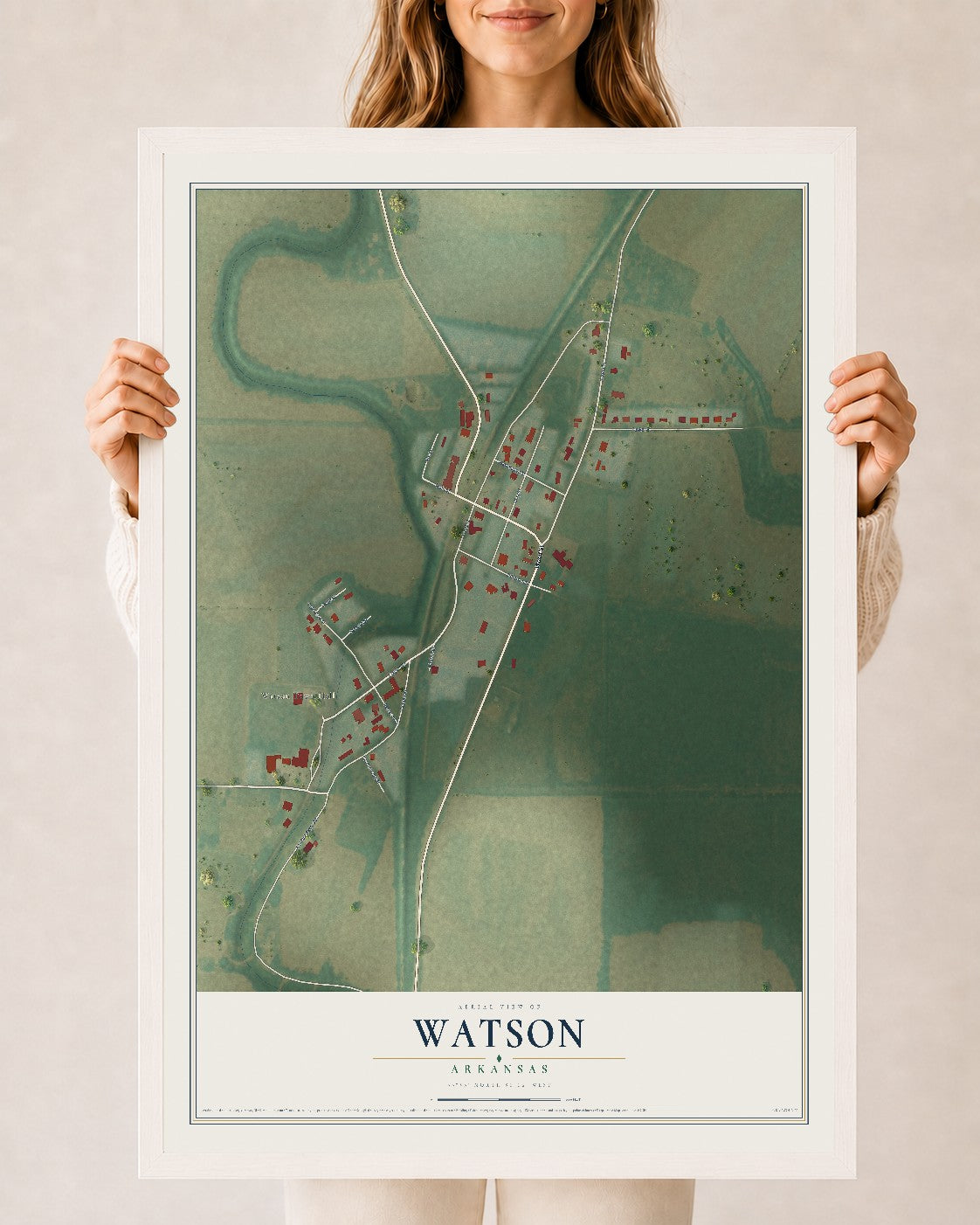 Map of Watson, Arkansas, 24 x 36 inch print in a white wood frame