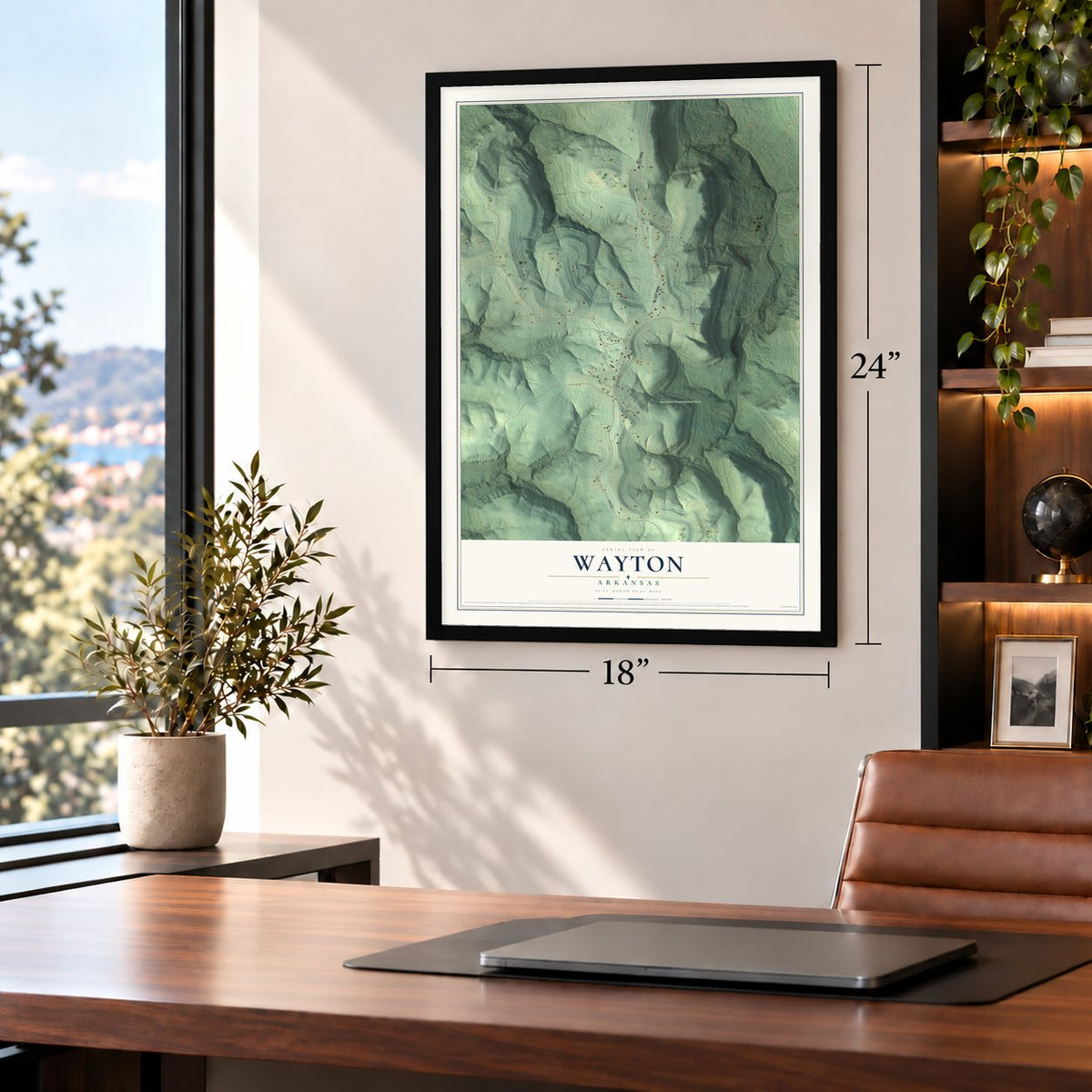Wayton, Arkansas map, 18 x 24 inch print in a black frame in a home office
