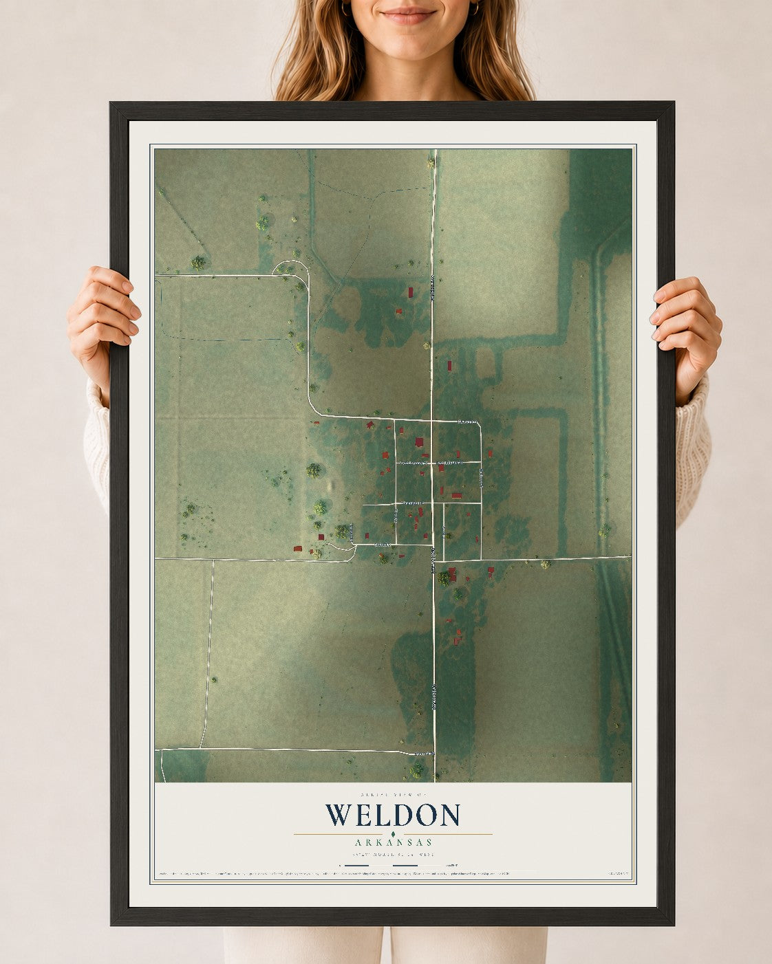 Map of Weldon, Arkansas, 24 x 36 inch print in a black wood frame