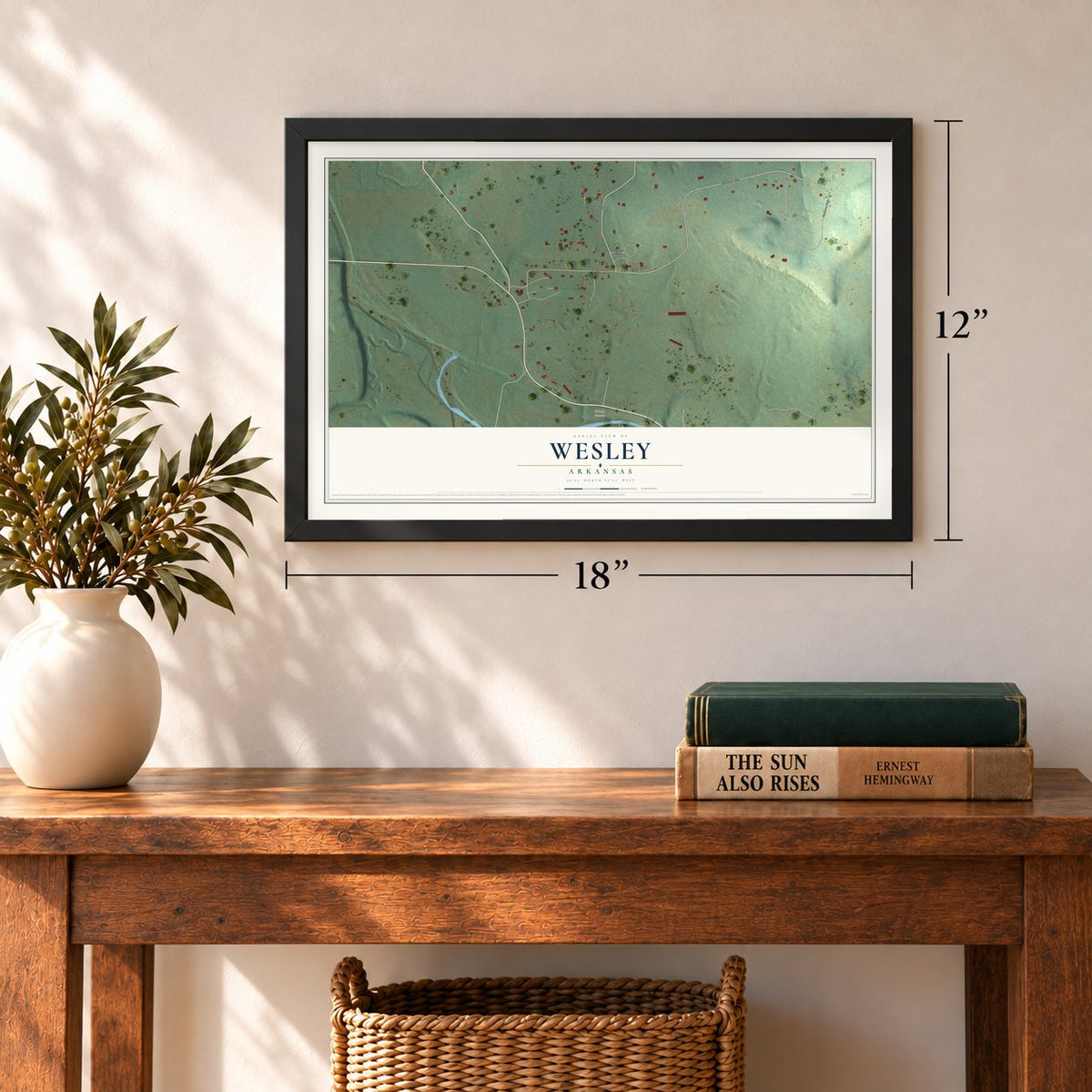 Wesley, Arkansas map, 12 x 18 inch print in a black frame in an entryway
