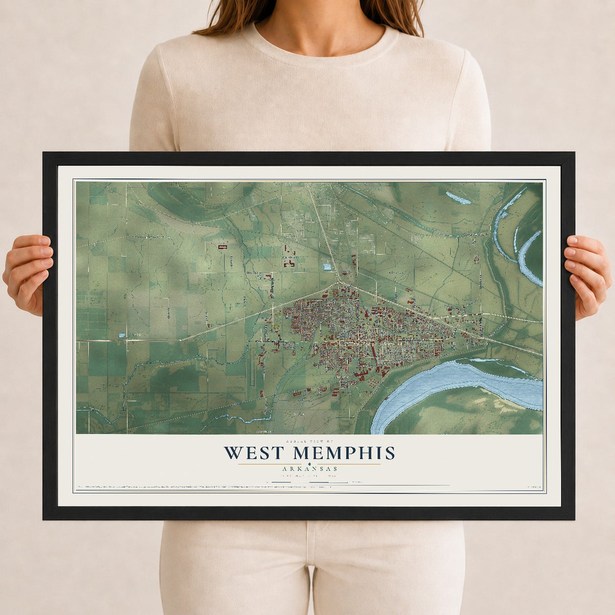 Map of West Memphis, Arkansas, 12 x 18 inch print in a black wood frame