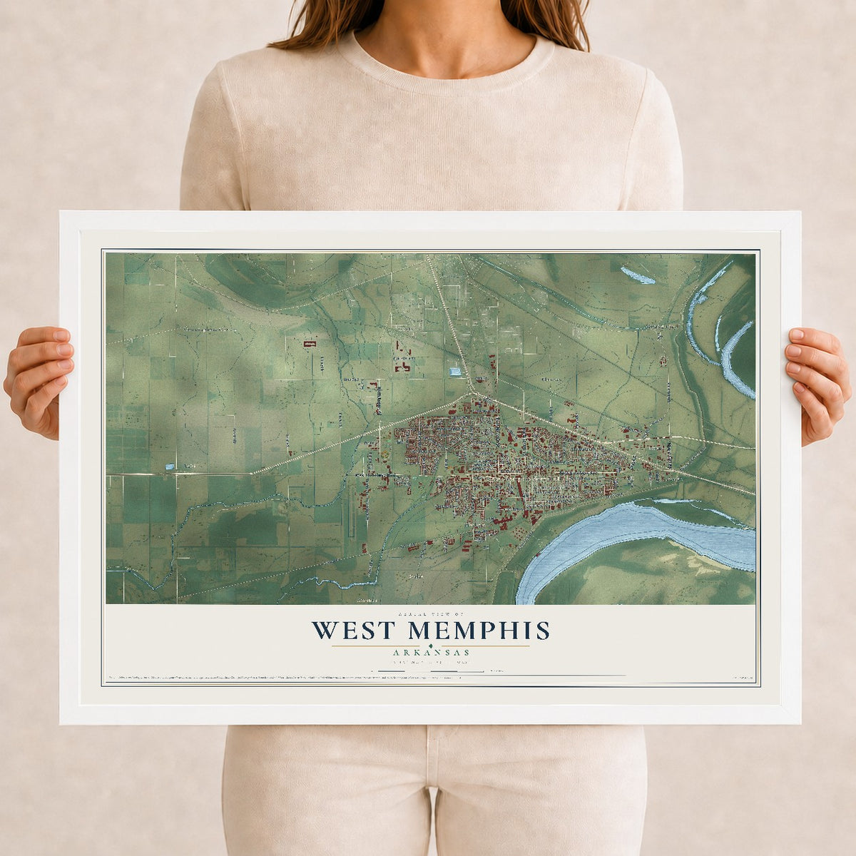 Map of West Memphis, Arkansas, 12 x 18 inch print in a white wood frame