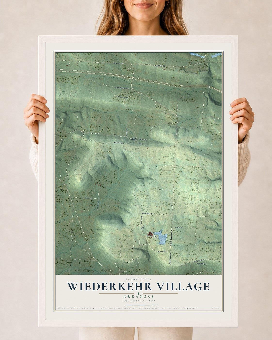 Map of Wiederkehr Village, Arkansas, 24 x 36 inch print in a white wood frame