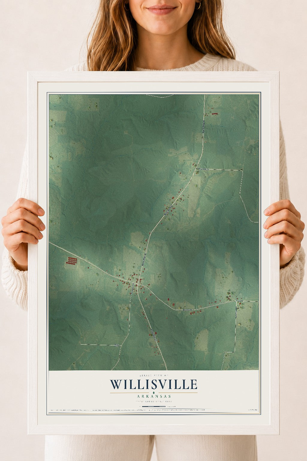 Map of Willisville, Arkansas, 18 x 24 inch print in a white wood frame