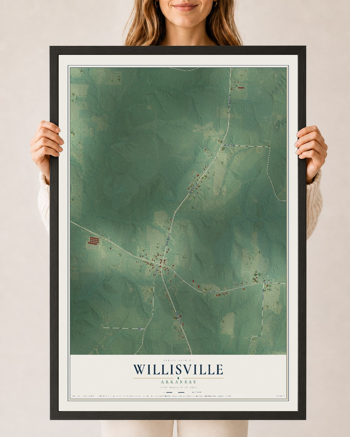 Map of Willisville, Arkansas, 24 x 36 inch print in a black wood frame