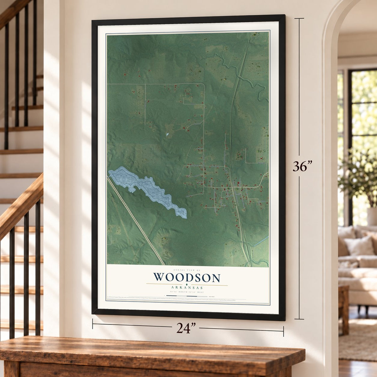 Woodson, Arkansas map, 24 x 36 inch print in a black frame by a staircase