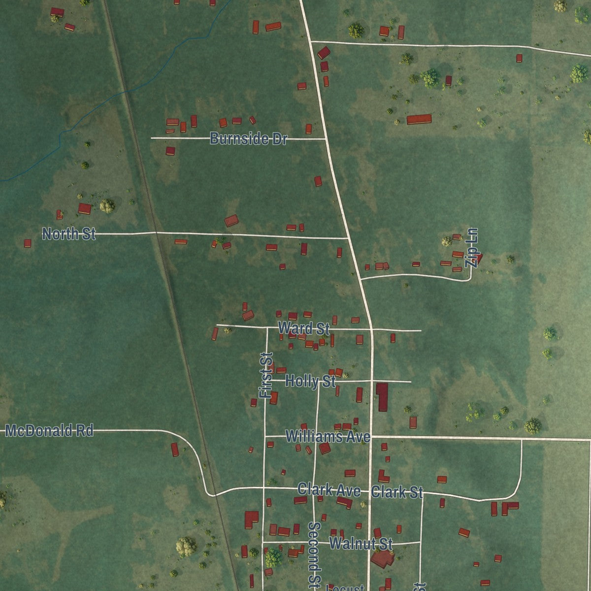 Second close-up of the map of Wrightsville, Arkansas print showing more streets and buildings