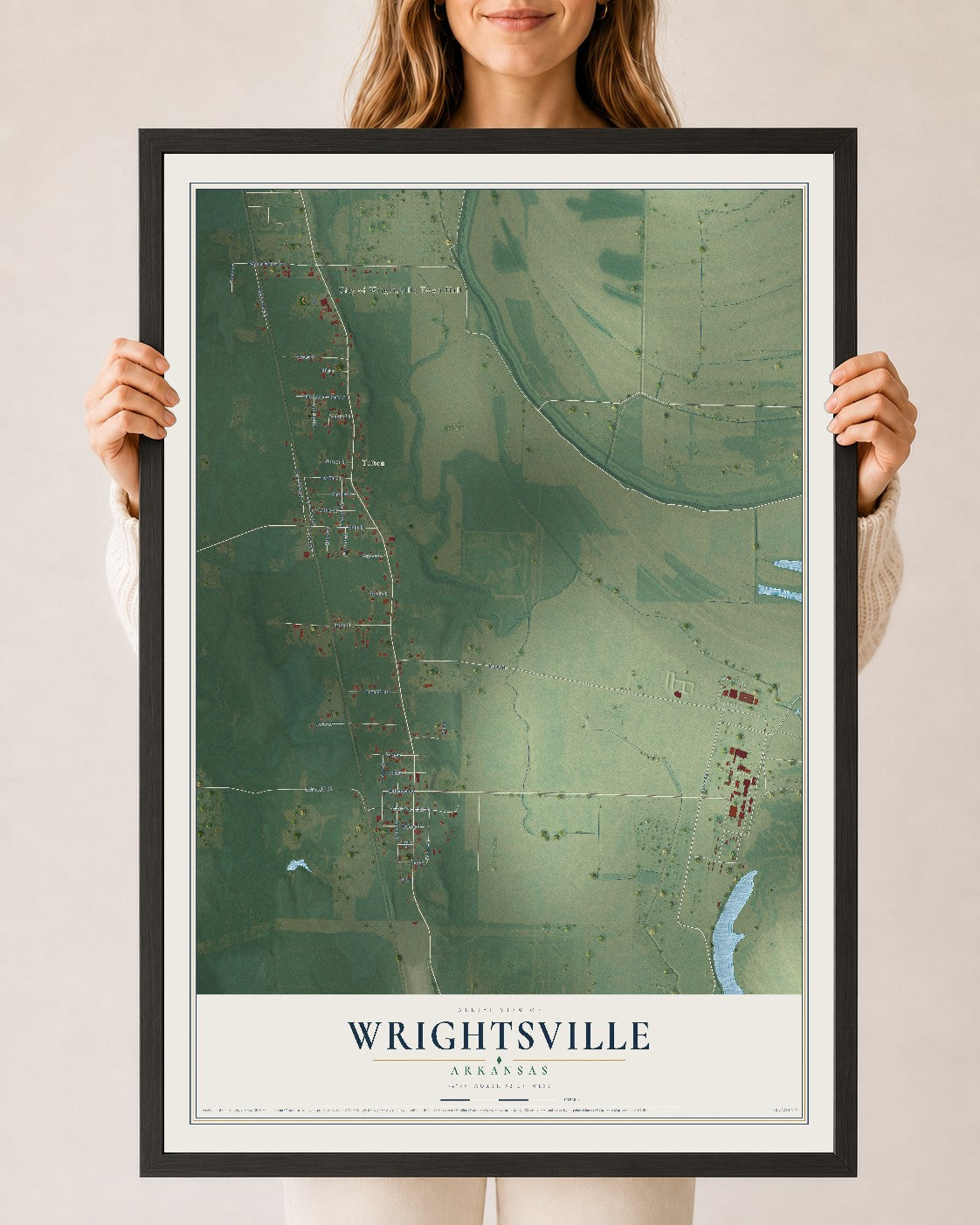 Map of Wrightsville, Arkansas, 24 x 36 inch print in a black wood frame