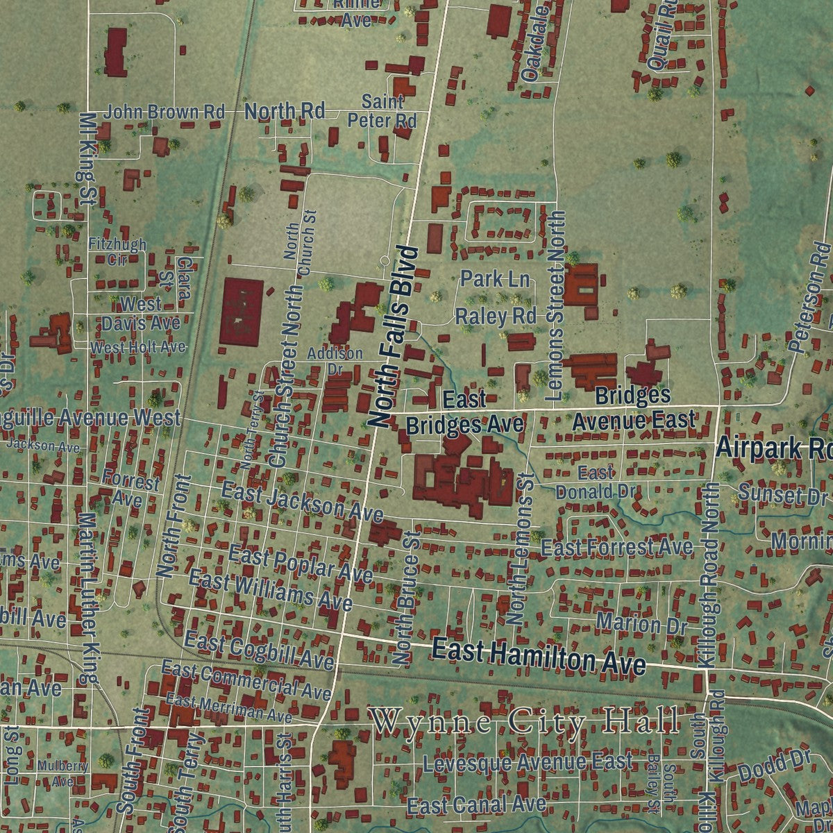 Close-up of the map of Wynne, Arkansas print showing street and building detail